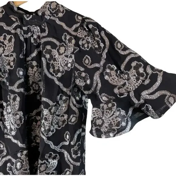 NWT Rebecca Taylor Women's Flutter Sleeve Silk Blend Metallic Top Black Size 0